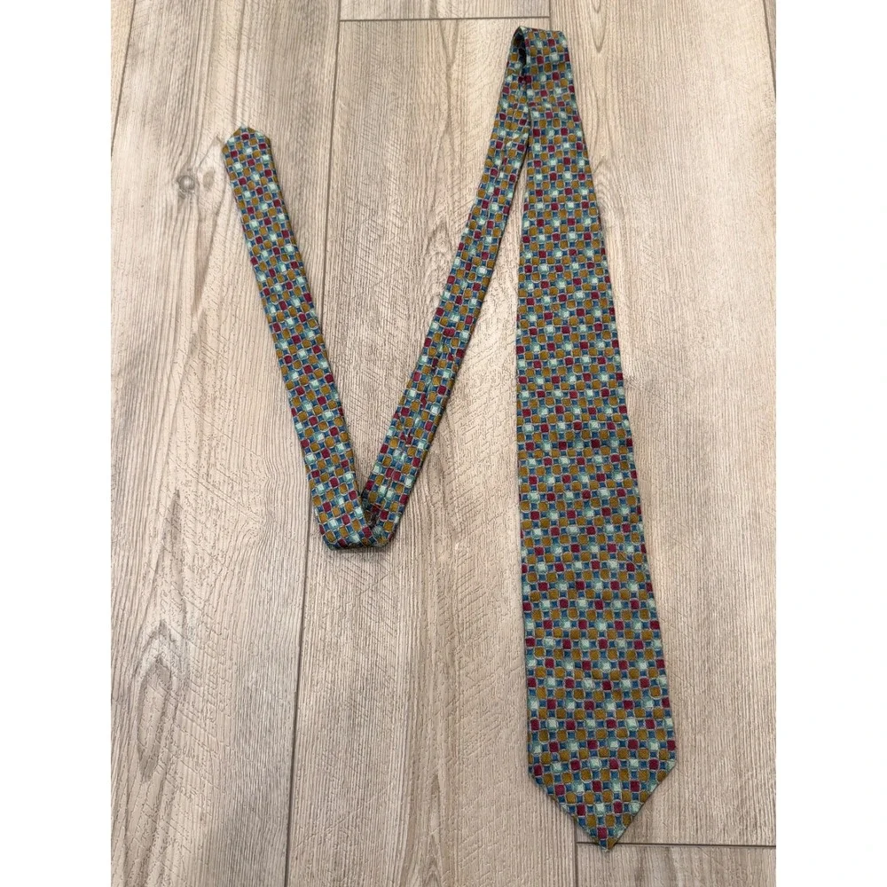Ermenegildo Zegna Mens Silk Tie Geometric Mosaic Gold Burgundy Teal Italy 57 in